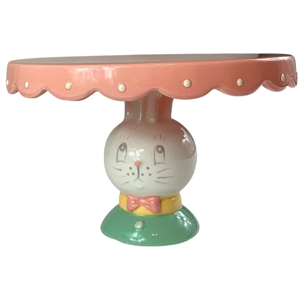 Johanna Parker Transpac Easter Bunny Cupcake Stand Pink Scalloped Ceramic 8 Inch